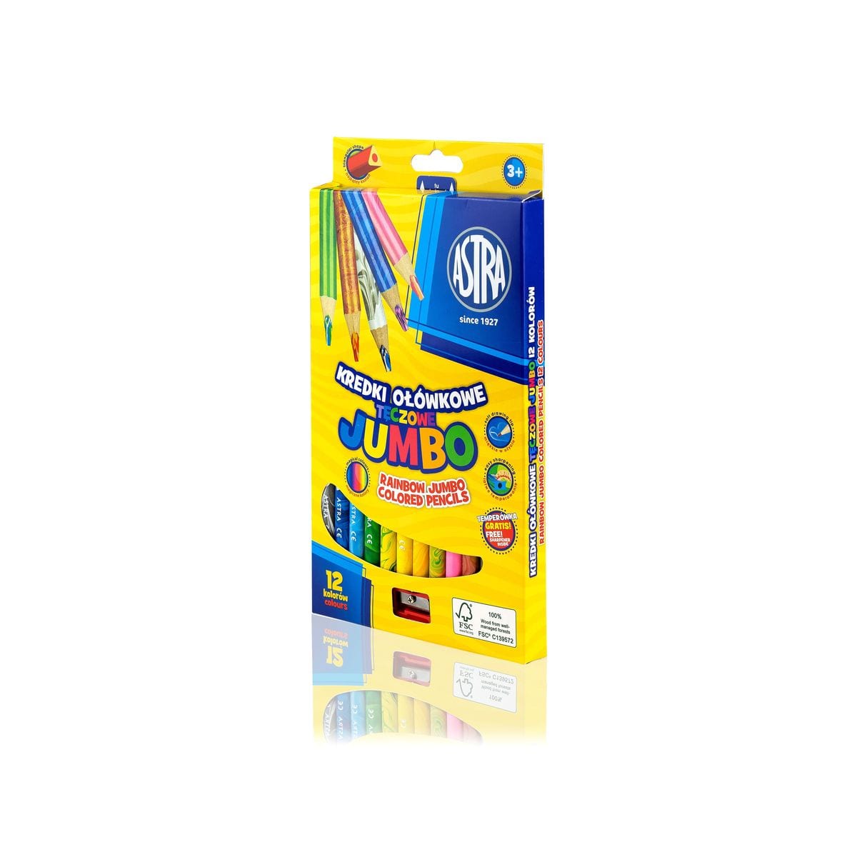 Комплект триъгълни моливи, Astra, Jumbo, Цветовете на дъгата, 12 цвята с острилка