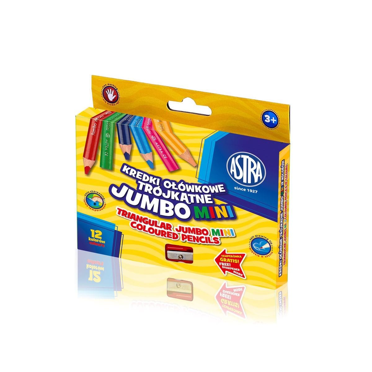 Комплект триъгълни моливи, Astra, Jumbo, С острилка, 12 цвята