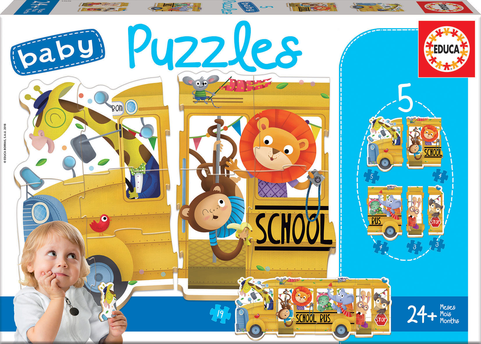 Puzzle pentru copii, Educa, Autobuz cu animale, 3/3/4/4/5 piese