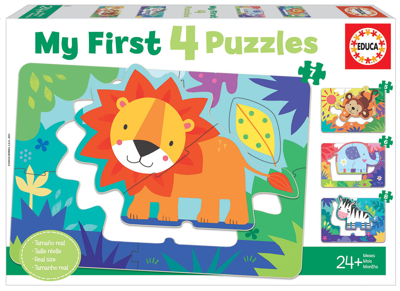 Puzzle progresiv, Educa, Primul meu puzzle, Animale din junglă, 5-6-7-8 piese