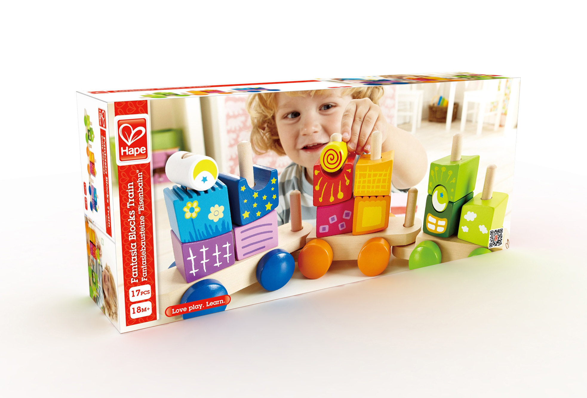Дървен комплект, Hape, Разноцветно влакче с дървени кубчета, 17 части